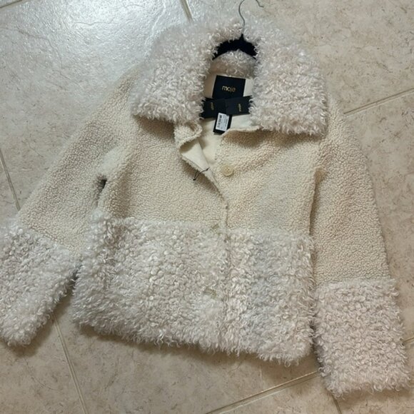 NWT. Maje Ivory-white wide collar faux-fur coat. Size 40T. - Picture 7 of 9
